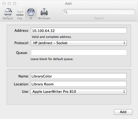 Setting up a printer on Mac OS 10.8 / 10.9 Server using Jetdirect