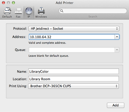 Setting up a printer on Mac OS 10.7 Server using Jetdirect