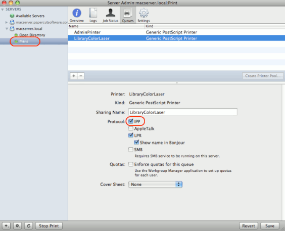 Enable IPP on each queue via Server Admin