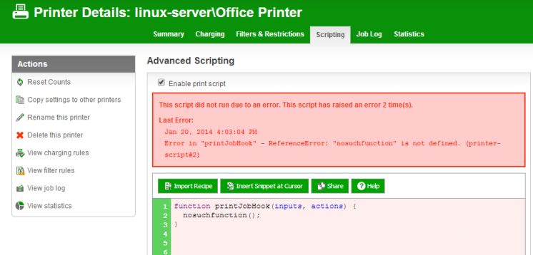 Example runtime error in a print script