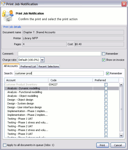 Searching accounts by project name or number in the project/phase code naming model