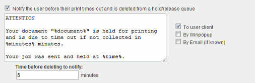 Options for a notification sent before a held job gets deleted