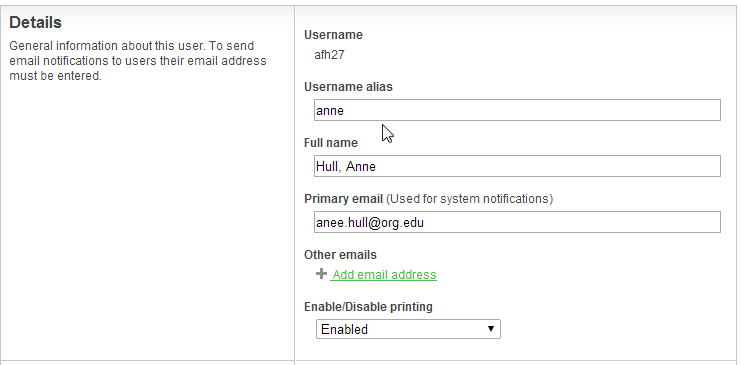Username alias field on the User Details page.