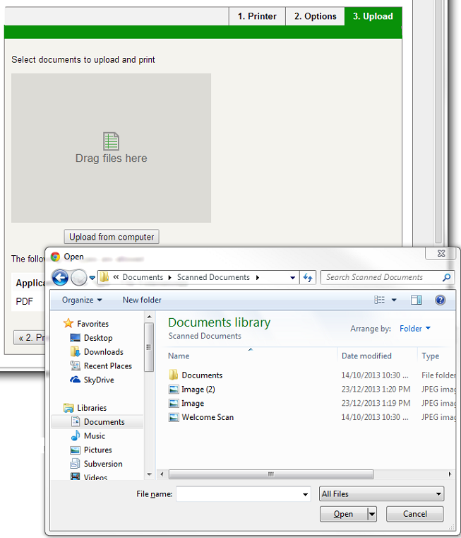 Web Print wizard step 3: upload a document