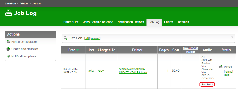 Print Job Log showing the PostScript metadata