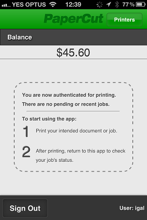 The PaperCut App for iPhone(before printing)