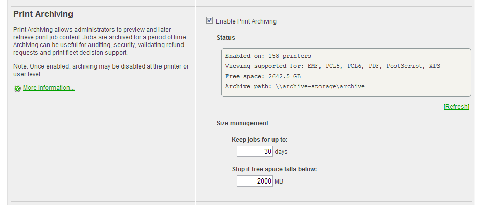 Print Archiving options on the Options tab