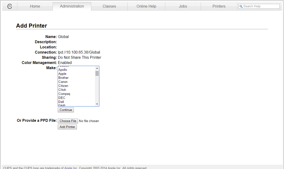 CUPS Administration UI Add Printer