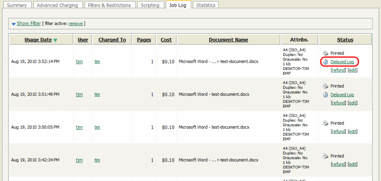 Status of print jobs logged after reconnection