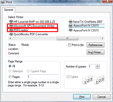 Printing using PDF Creator or XPS Document Writer