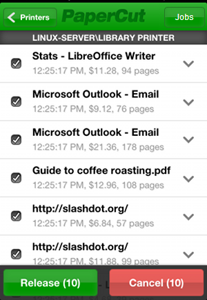 Mobile Print Release listing held jobs