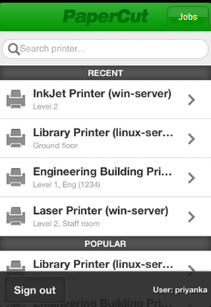 The Mobile Print Release printer list