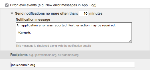 Error level event notification settings