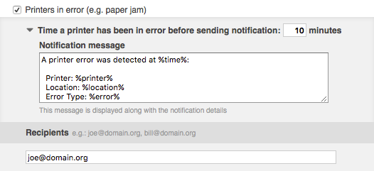 Printer error notification settings