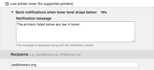 Low toner notification settings