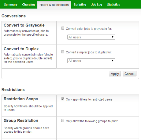 Printer Filters and Restrictions