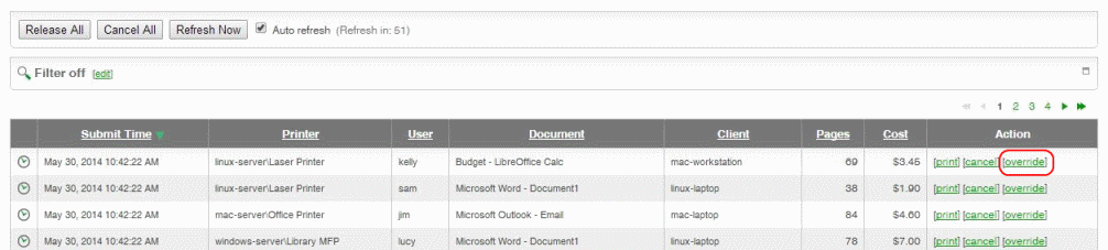 Web based Print Release showing Override option