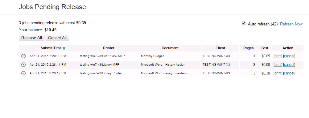 End-user web-based interface listing held jobs