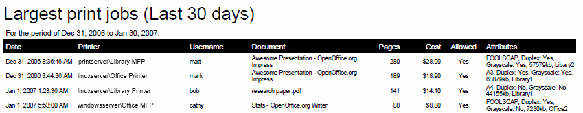 Printer log PDF report