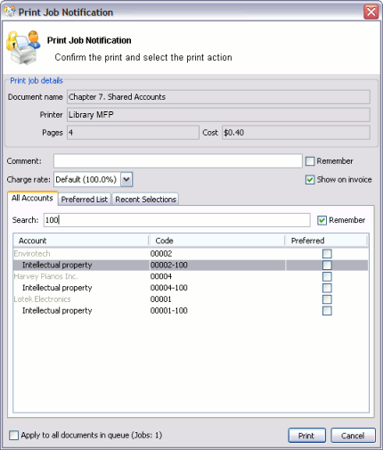 Searching accounts by matter code in the client/matter code naming model