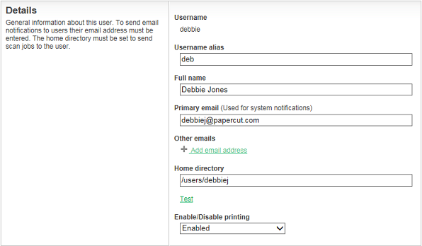 Username alias field on the User Details page.