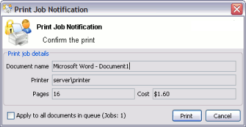 The print job confirmation dialog (no account selection options)