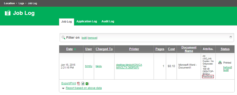 Print Job Log showing the PostScript metadata