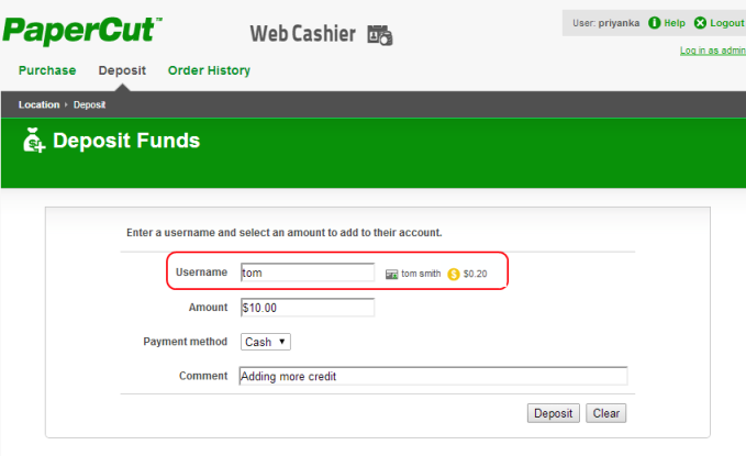 Web Cashier Deposit example