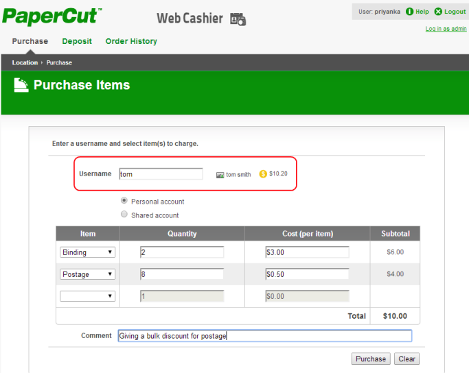 Web Cashier Purchase example