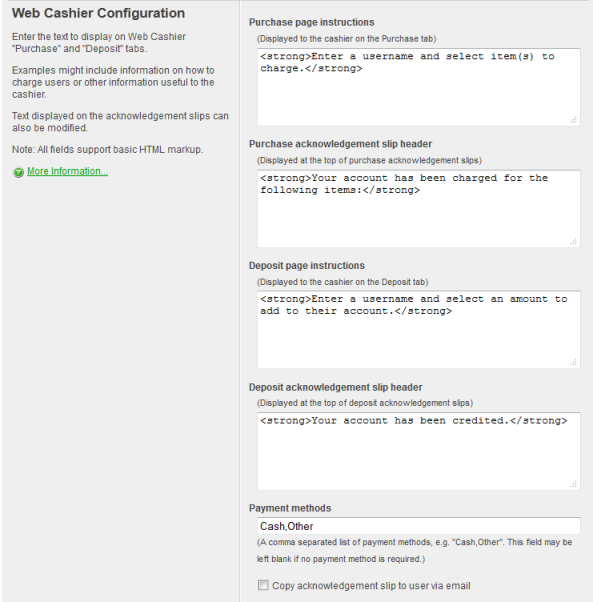 Web Cashier default configuration