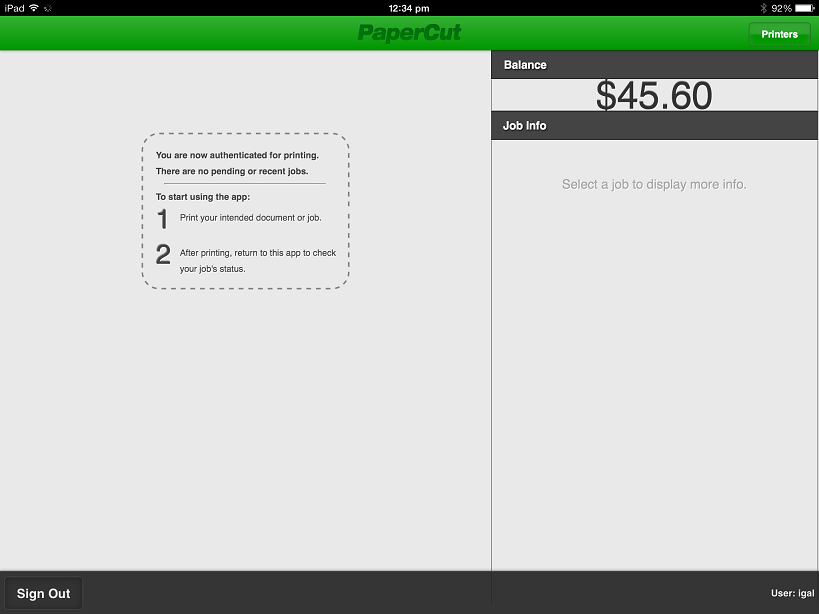 The PaperCut App for iPad (before printing)