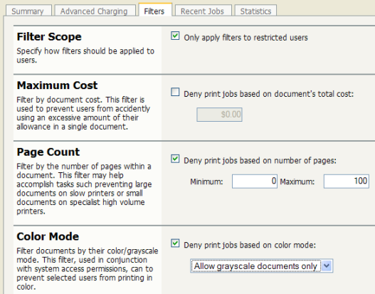 Some of the available printer filters and restrictions