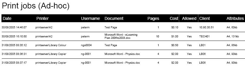 Printer log PDF report