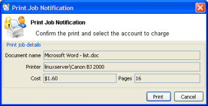 The print job confirmation dialog (no account selection options)