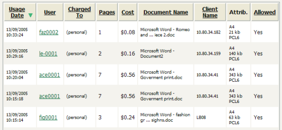 Printer usage log