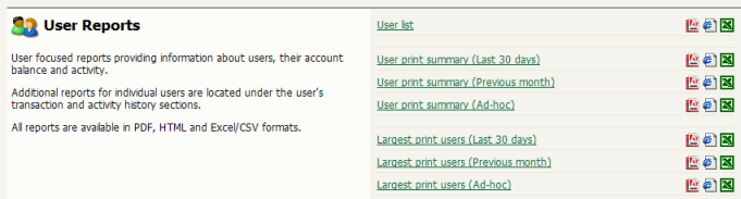 Report icons of available report formats (PDF, HTML, CSV (Excel)).