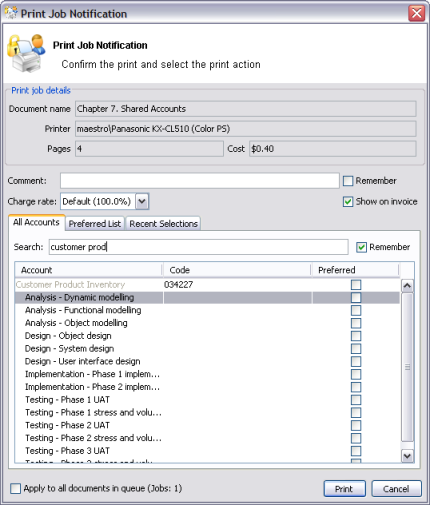 Searching accounts by project name or number in the project/phase code naming model