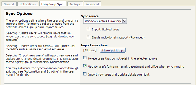 User/group synchronization options