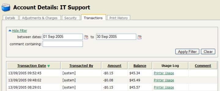 Filters applied to the shared account print log