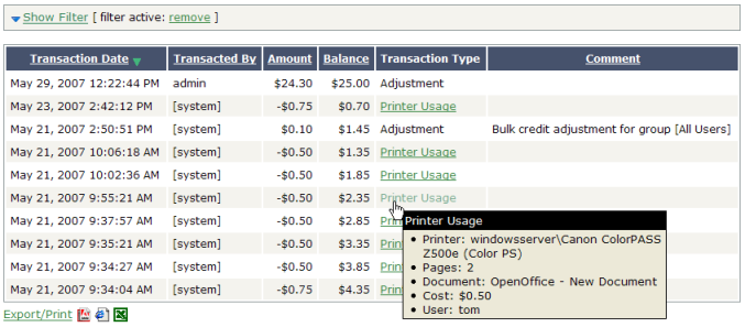 A user's recent balance transactions