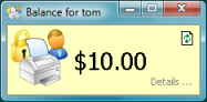 Printing balance window showing $10.00 of printing balance