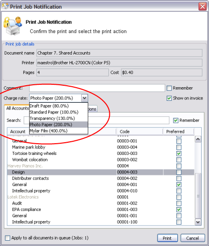 Charge rates displayed in the Advanced Client Popup