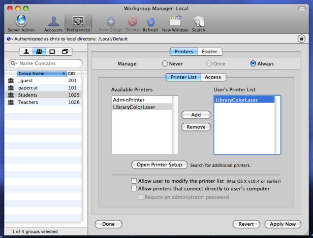 Add printer appropriate to the container (users, group, or computer)