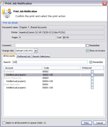 Searching accounts by matter code in the client/matter code naming model