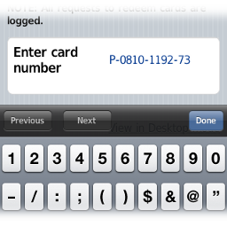 Mobile user web tools - entering a TopUp/Pre-Paid Card number
