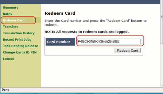 Redeem Card page