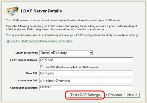 eDirectory/LDAP configuration wizard page