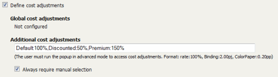 Three cost adjustments defined at the printer level