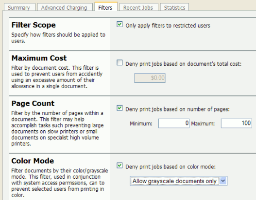 Printer Filters and Restrictions