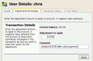 Adjusting a user's credit up $10.00